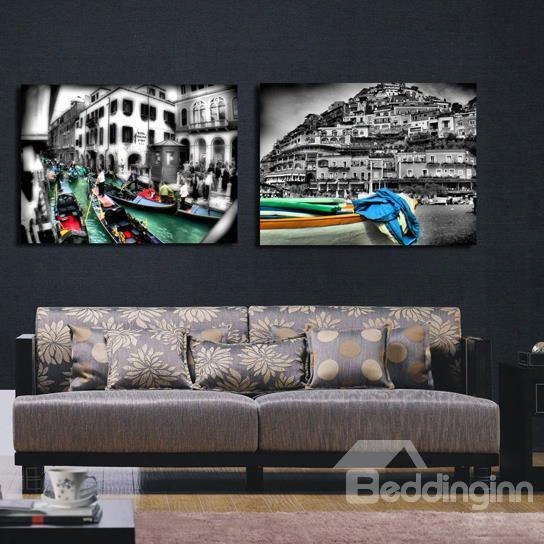 New Arrival Elegant Boats And Houses Print 2-piece Cross Ilm Wall Art Prints