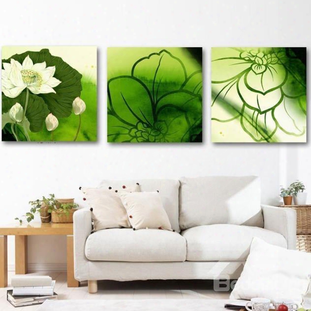 New Arrival Elegant Green Lotus Flowers Print 3-piece Cross Film Wall Art Prints