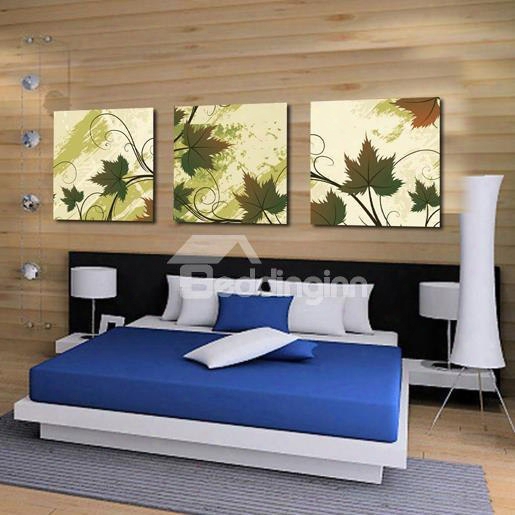 New Arrival Elegant Green Maple Leaves Print 3-piece Cross Film Wall Art Prints