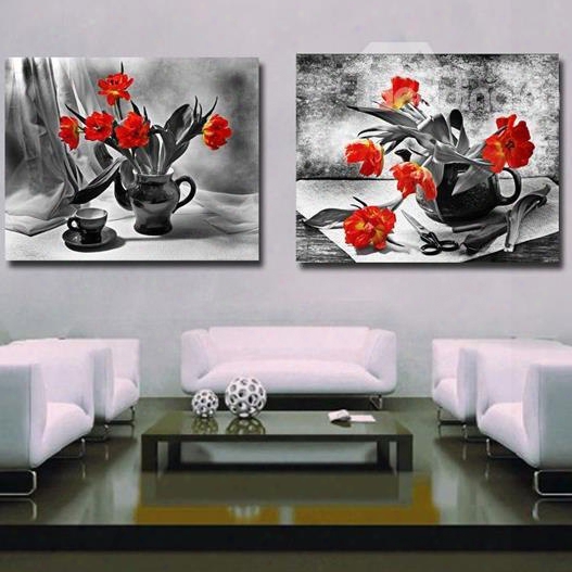 New Arrival Elegant Orange Flowers In Vase Print 2-piece Cross Film Wall Art Prints