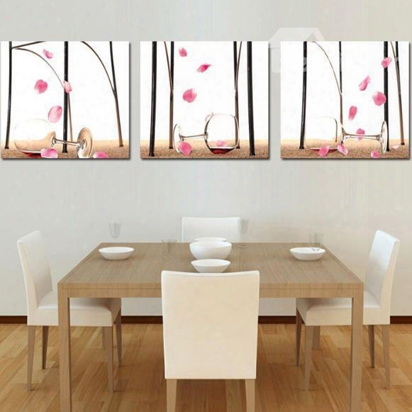 New Arrival Lovely Wine Glasses And Pink Petals Print 3-piece Cross Film Wall Art Prints