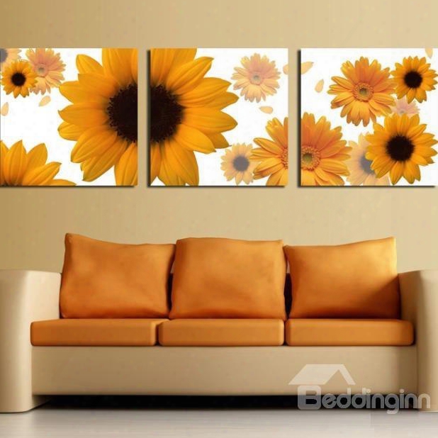 New Arrival Lovely Yellow Daisy Flowers Print 3-piece Cross Film Wall Art Prints