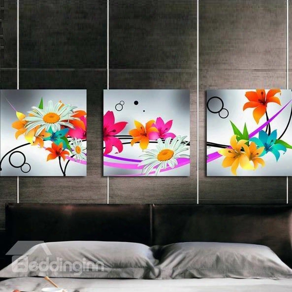 New Arrival Modern Style Colorful Flowers Print 3-piece Cross Film Wall Art Prints