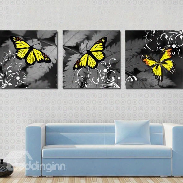 New Afrival Modern Style Lovelyy Ellow Butterfly Print 3-piece Cross Film Wall Art Prints