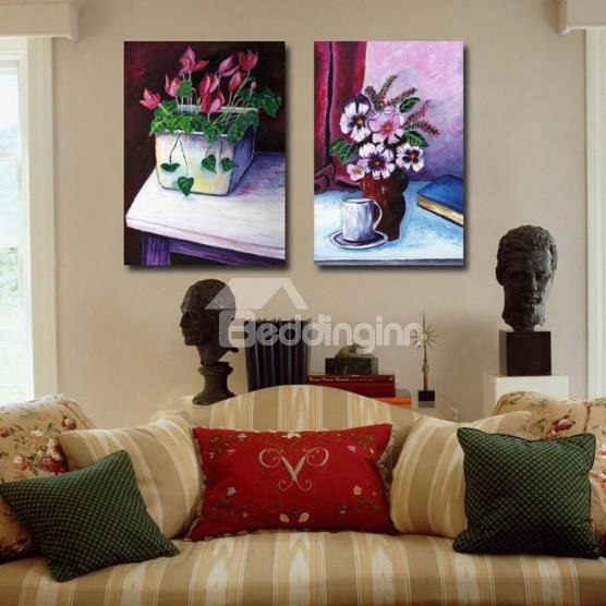 New Arrival Oil-painting Style Lovely Flowers In The Vase Print 2-piece Cross Film Wall Art Prints