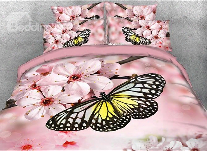 Onlwe 3d Butterfly And Pink Peach Blossom Printed 4-piece Bedding Sets/duvet Covers