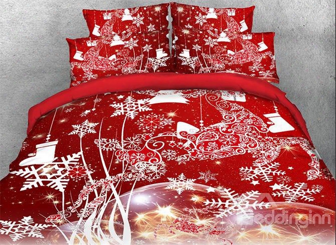 Onlwr 3d Christmas Reindeer And Snowflake Printed Cotton 4-piece Red Bedding Sets