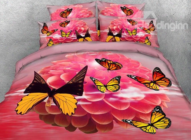 Onlwe 3d Dahlia And Butterfly Printed Cotton 4-piece Bedding Sets/duvet Covers