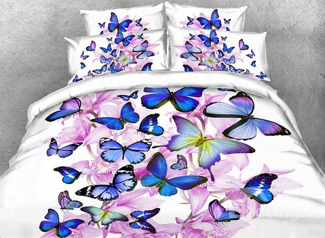 Onlwe 3d Fluttering Buttreflies And Pink Blossom Printed Cotton 4-piece White Bedding Sets