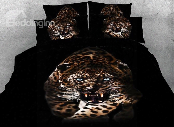 Onlwe 3d Leopard With Sharp Teeth Printed Cotton 4-piece Bedding Sets/duvet Covers
