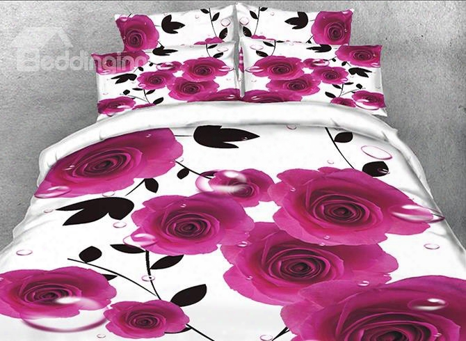 Onlwe 3d Rosy Rose Printed Cotton 4-piece White Bedding Sets/duvet Covers