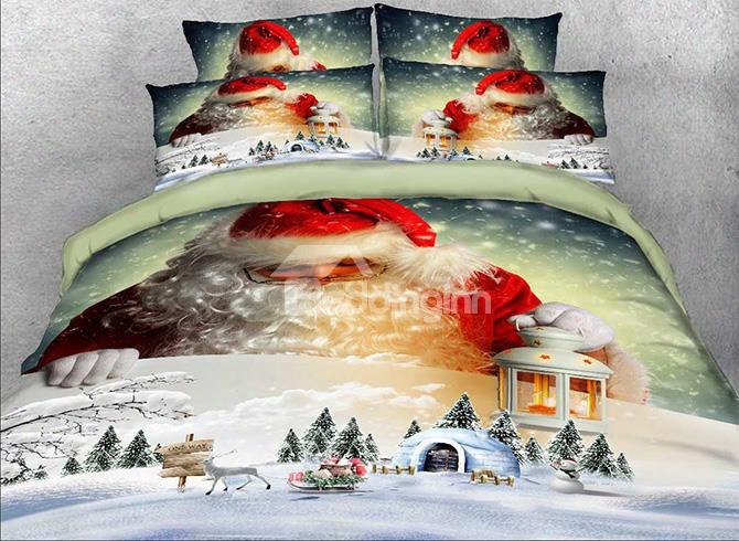 Onlwe 3d Santa Claus And Igloo Printed Cotton 4-piece Bedding Sets/duvet Covers