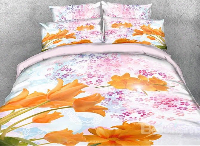 Onlwe 3d Yellow Tulip Printed Cotton 4-piece Bedding Sets/duvet Covers