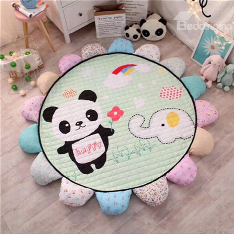 Panda And Elephant Pattern Round Polyester Green Baby Play Floor Mat/crawling Pad