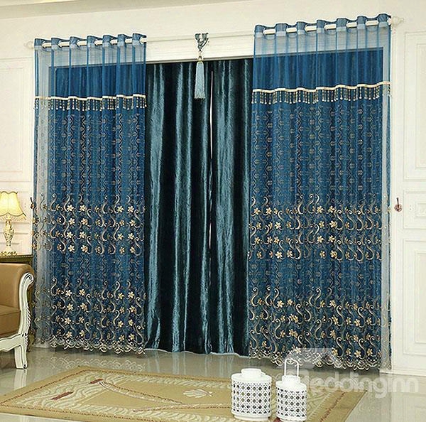 Peacock Blue Flower Embroidered Luxuriouus Curtain And Sheer
