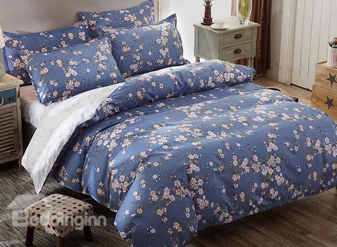 Pink Flowers Prints Pastoral Style Polyester 4-piece Blue Bedding Sets/duvet Covers