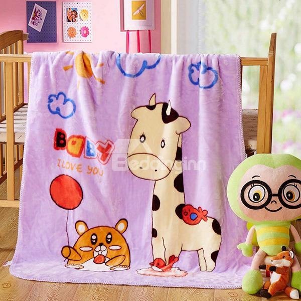 Purple Adorable Baby Giraffe And Clouds Print Blanket