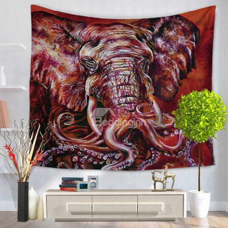 Red Elephant Shape With Octopus Legs Pattern Decorative Hanging Wall Tapestry