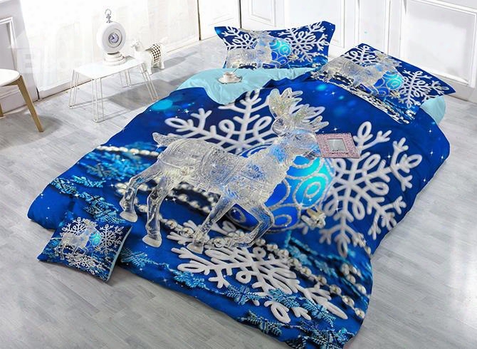 Reindeer Snowflake Print Blue 4-piece Christmas Duvet Cover Sets