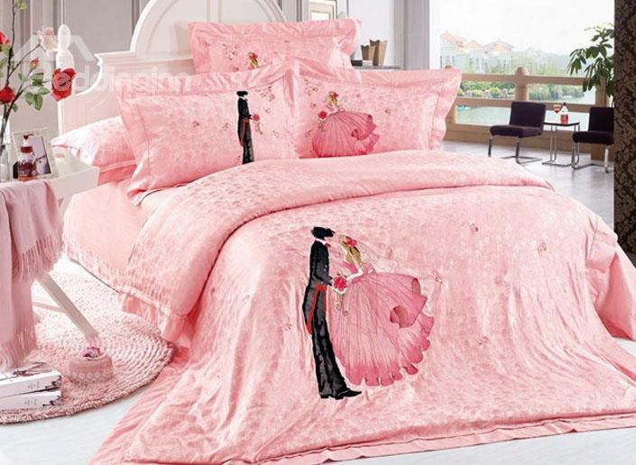 Romantic Lovers Embossed Pink Wedding Style 4-piece Cotton Bedding Sets/duvet Cover