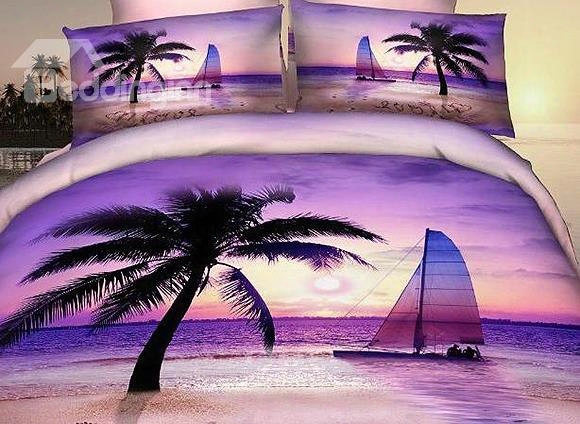 Romantic Purple Beach Scene Print Fitted Sheet