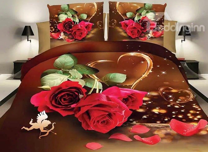 Romantic Red Rose Lovely Cupid Design Wedding 4-piece Polyester Duvet Cover Sets