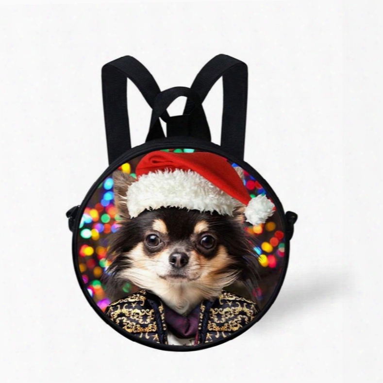 Round 3d Dog With Christmas Hat Pattern School Bag Shoulders Backpack