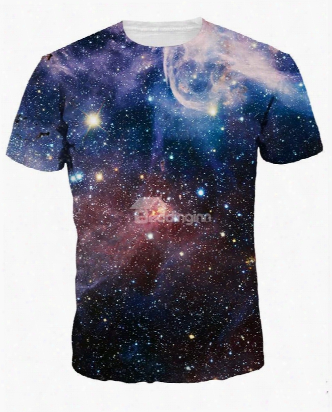 Round Neck Dark Purple Galaxy Pattern 3d Painted T-shirt