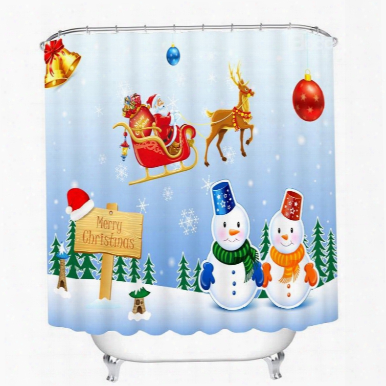 Snowmen Lovers And Santa Riding Reindeer Printing Bathroom 3d Shower Curtain