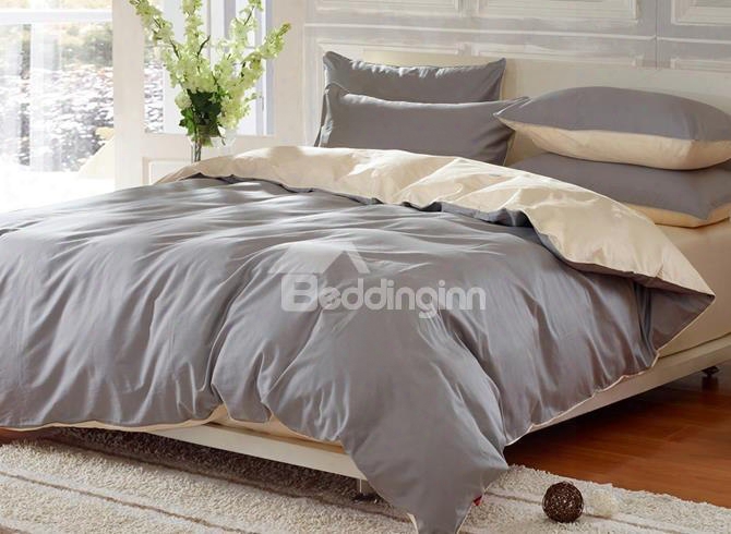 Solid Sliver Gray And Beige Color Blocking Cotton 4-piece Bedding Sets/duvet Cover