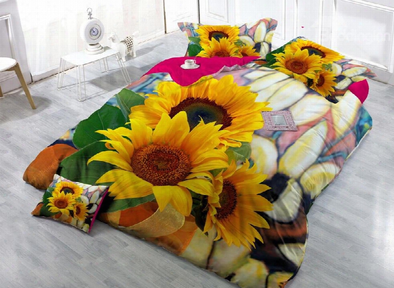 Splendid Sunflower Digital Print 4-piece Cotton Silky Duvet Cover Sets