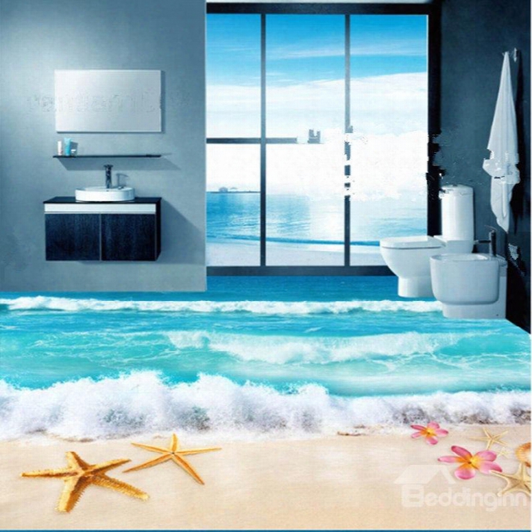 Starfish F1ower And Shell On Beach Pattern Non-slip And Waterproof 3d Floor Murals