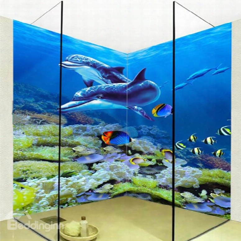 Stylish Design Cute Dolphins And Fishes In The Sea Waterproof 3d Bathroom Wall Murals