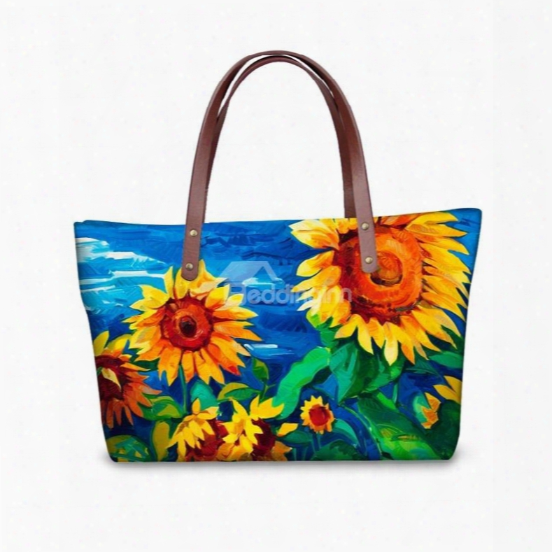 Sunflower Floral Painting Pattern Waterproof Sturdy 3d Printed For Women Girls Shoulder Handbags