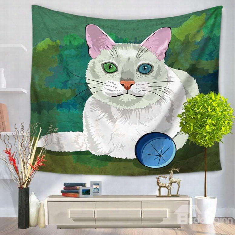 Tender White Cat In The Green Grass Decorative Hanging Wall Tapsetry