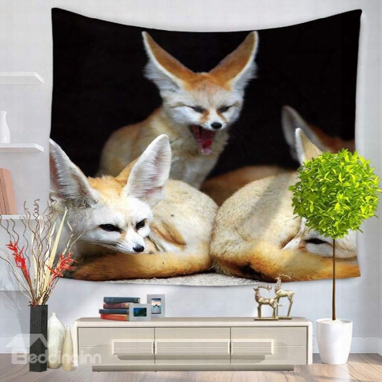 Three Yellow Wildlife Fennec Fox Black Decorative Hanging Wall Tapestry