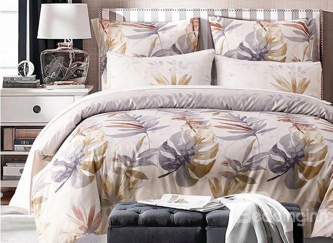 Tropical Leaves Printed Pastoral Style Beige Polyester 3-piece Bedding Sets/duvet Cover
