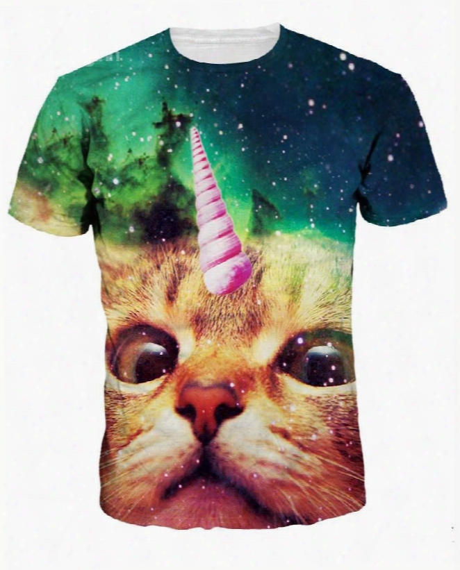 Unicorn Cat Face Pattern Personality Style Round Neck 3d Painted T-shirt For Men&women