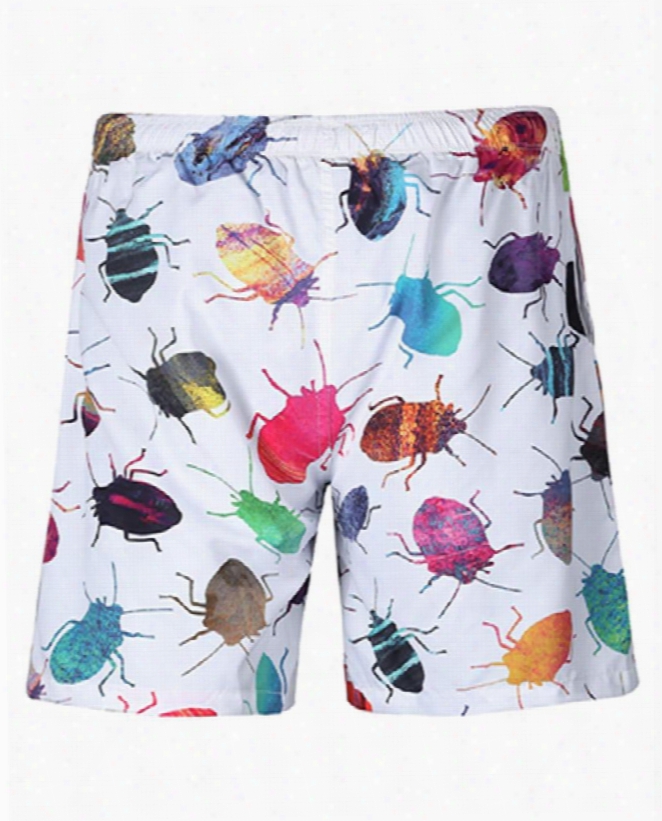 Unique Colorful Insects Pattern White 3d Beach Shorts