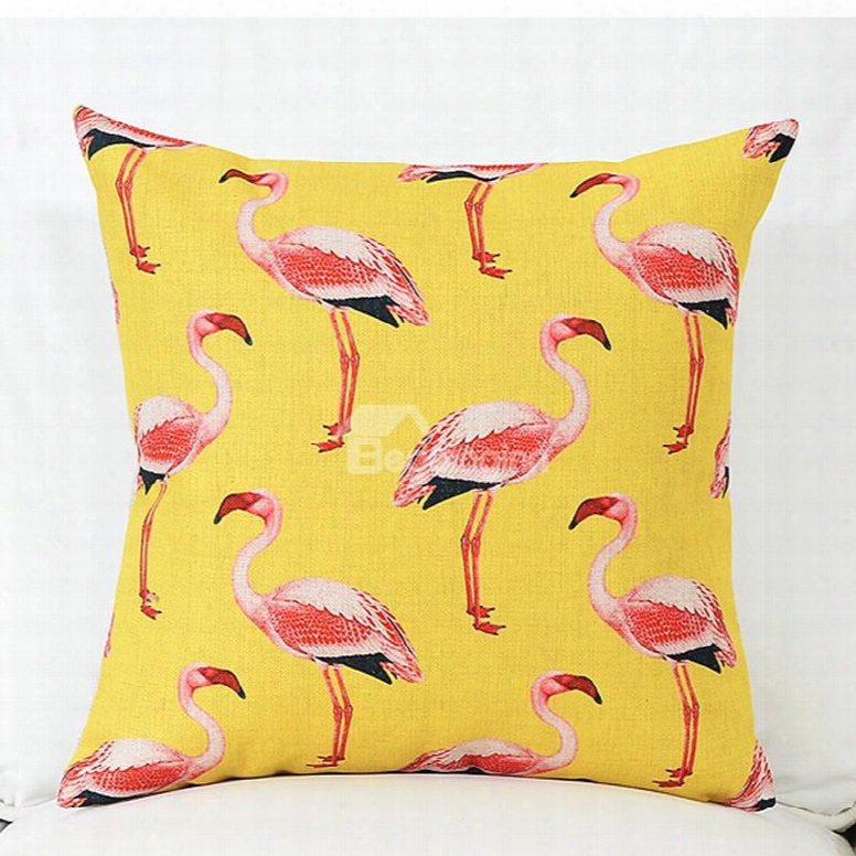 Various Lovely Flamingos Pattern Yellow Linen Throw Pillow