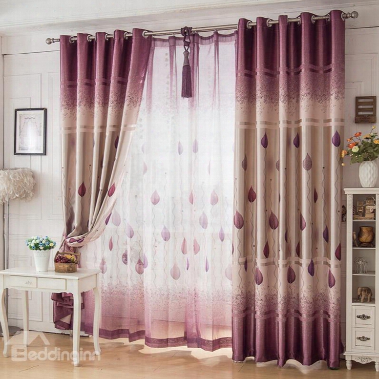 Ventilate Purple Tree And Leaves Printed Custom Sheer Curtain