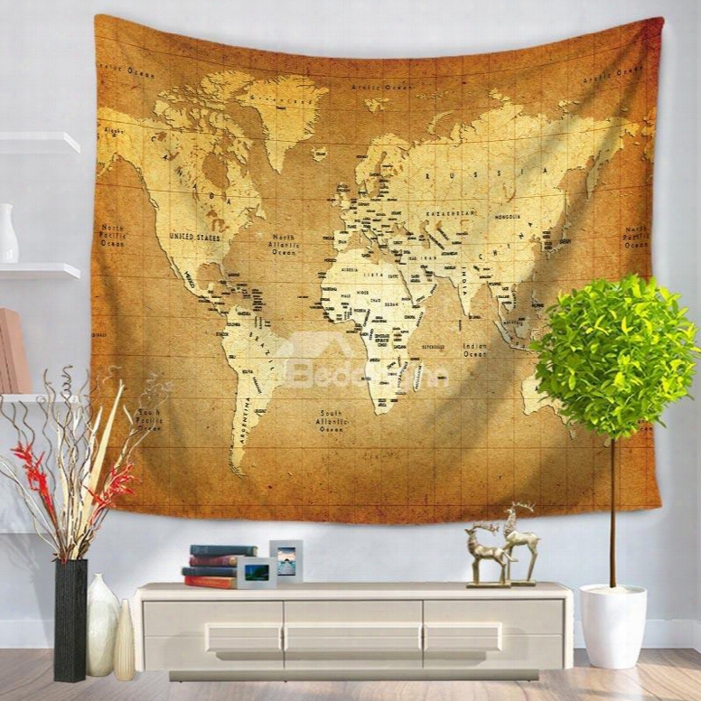 Vintage Style Yellow Wworld Map Printed Decorative Hanging Wall Tapestry