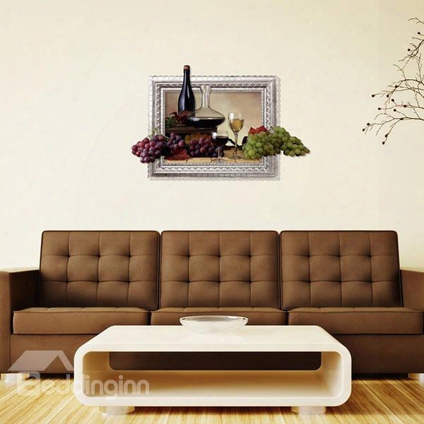 Vintags Wine And Fresh Grapes Removable 3d Wall Sticker