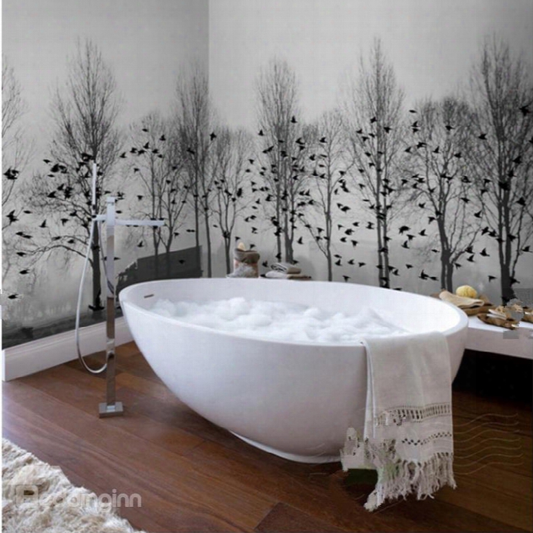 White And Black Birds And Treespattern Waterproof 3d Bathroom Wall Murals