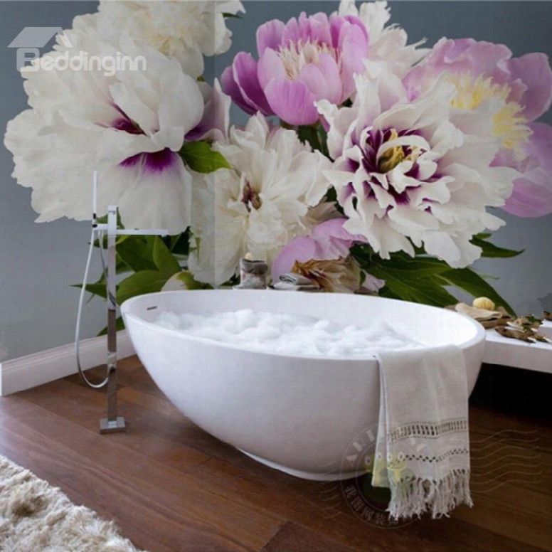 White And Purple Beautiful Peony Design Waterproof 3d Bathroom Wall Murals