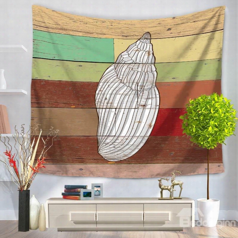 White Conch Pattern Colorful Stripes Rustic Style Decorative Hanging Wall Tapestry