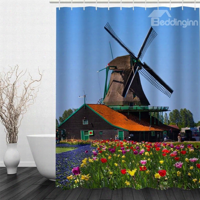 Windmill And Plants Pattern Polyester Waterproof And Eco-friendly 3d Shower Curtain