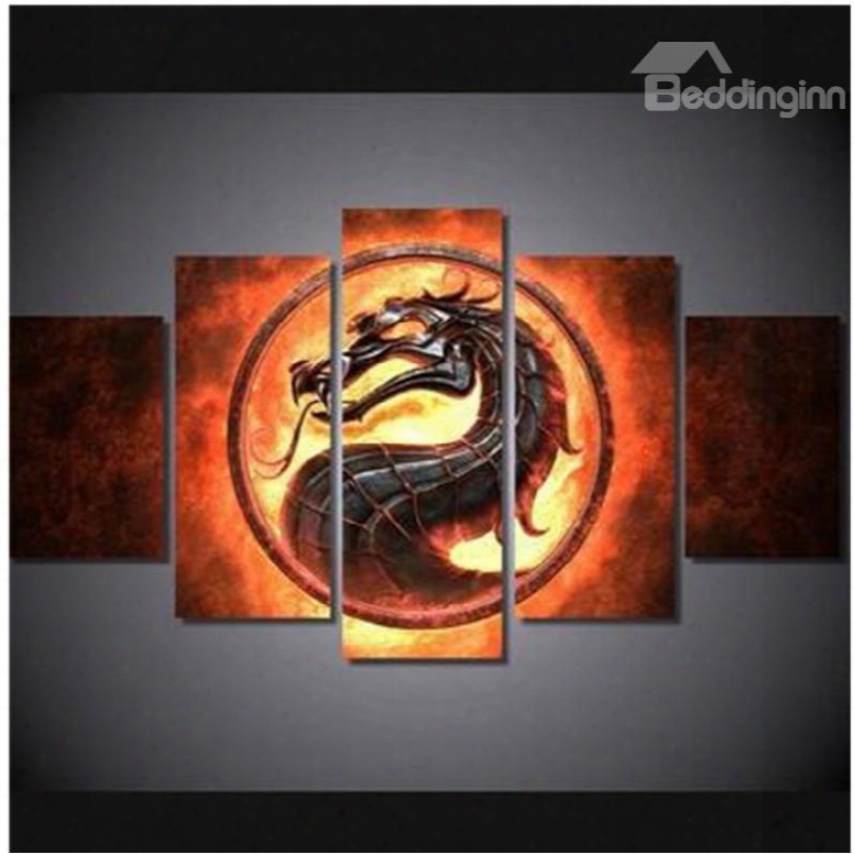 Yellow Fire Surrounding Dragon Hanging 5-piece Canvas Eco-friendly And Waterproof Non-framed Prints