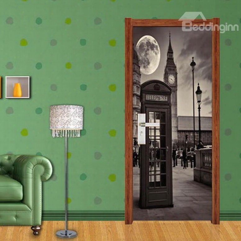 30␔79in Gray Telephone Box Moon Pvc Environmental Waterproof Self-adhesive 3d Door Mural