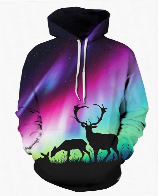 3d Aurora Deer Pattern Men Sweater Long Sleeeve Cool Hoodies